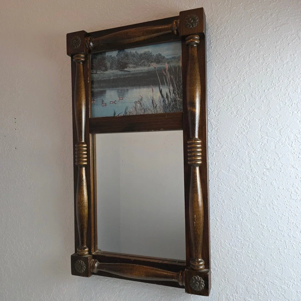 Vintage Rustic Wood Wall‎ Mirror Scenic Duck Nature Print Spindle Frame Rosettes